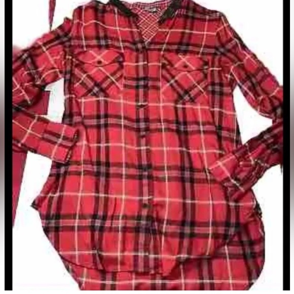 VINCE RED BLACK Plaid long tunic Shirt Leather Band Collar Button Up, Pockets, M - Picture 1 of 10